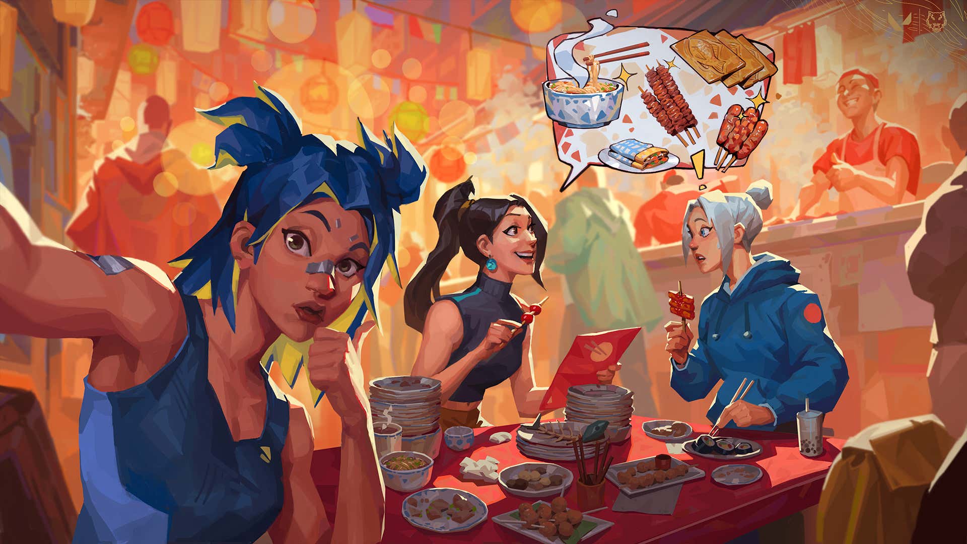 The Valorant artwork shows several female characters eating together in a restaurant.